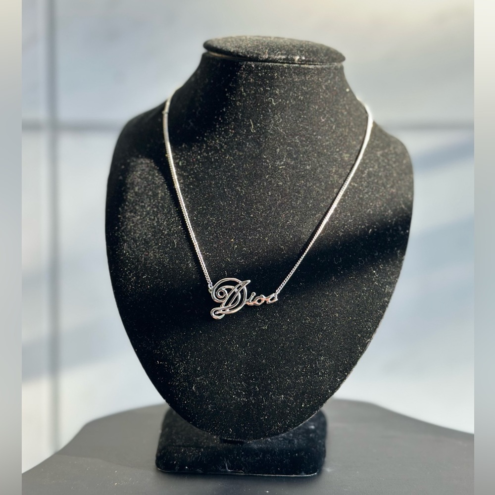 Christian Dior Cursive Vintage Dior Logo Charm Silver Necklace
